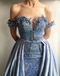 Sky Blue Lace Applique Off Shoulder Detachable Over-skirt Prom Dresses,PD00162