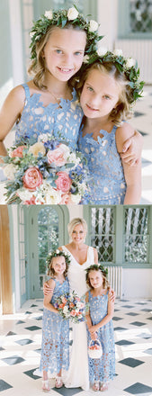 Sky Blue Lace Sheath Sleeveless Boho Long Flower Girl Dresses, FGS107