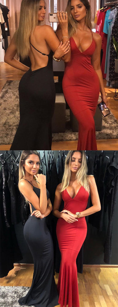 Spaghetti Strap Jersey Sexy Backless Mermaid Simple Cheap Prom Dresses,PD0305