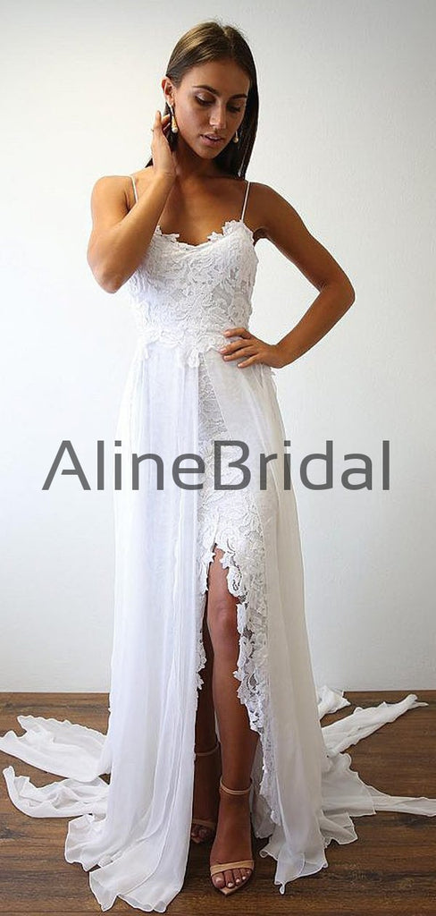 Spaghetti Strap Lace Chiffon Slits Boho Beach Wedding Dresses, AB1544