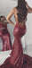 Spahetti Straps V Neckline Sequin Party Mermaid Burgundy Prom Dresses PD1050