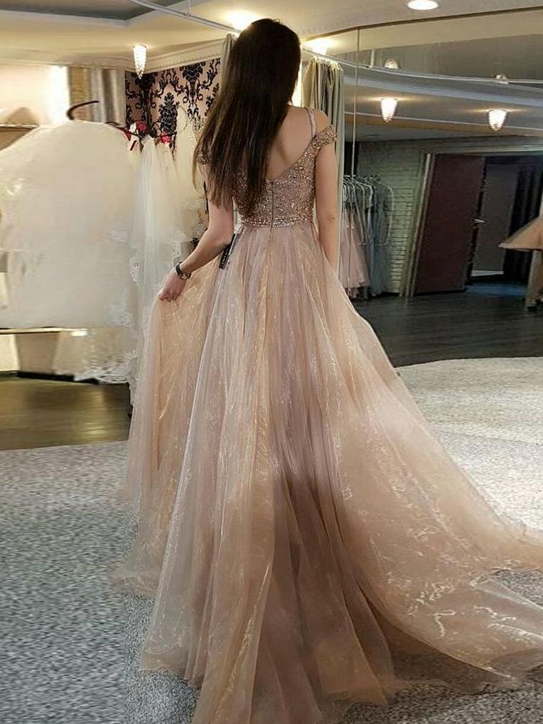 Sparkly Beading Nude Organza Off Shoulder Prom Dresses,PD00180