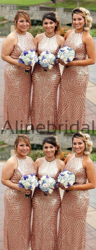 Sparkly Rose Gold Sequin Sleeveless Sheath Long Bridesmaid Dresses, AB4077