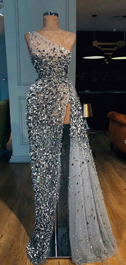 Sparkly Silver Beading One Shoulder Party Prom Dresses,PD00141