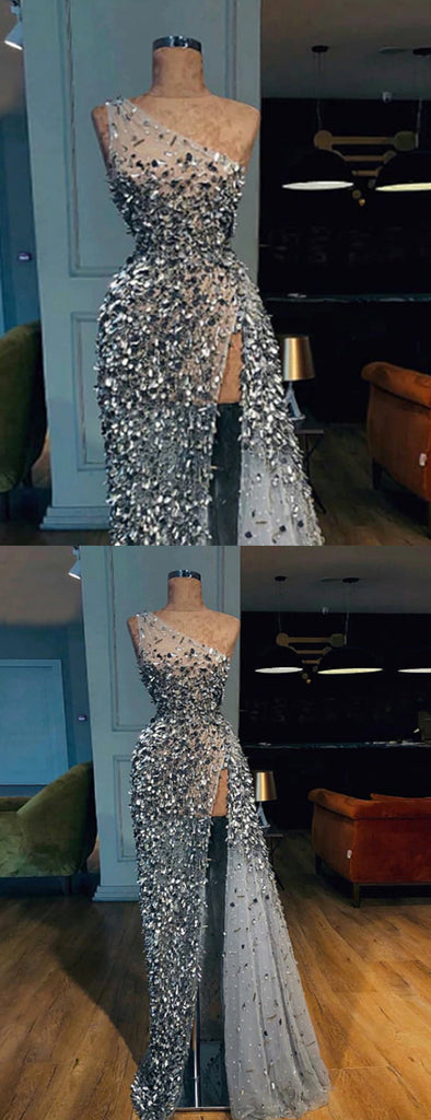 Sparkly Silver Beading One Shoulder Party Prom Dresses,PD00141