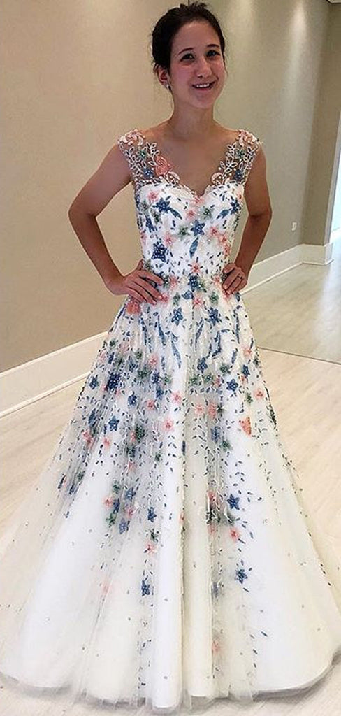 Stunning Floral Beading White V-neck Prom Dresses.PD00216