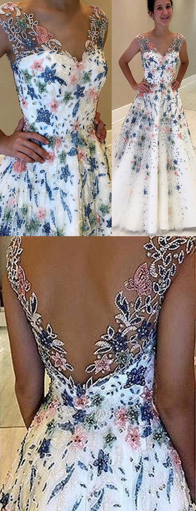 Stunning Floral Beading White V-neck Prom Dresses.PD00216