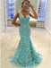 Stunning Light Blue Lace Sleeveless Mermaid Long Elegant Prom Dresses,PD00067