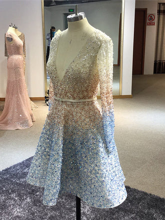 Stunning Sparkly Beading Sequin Long Sleeve V-neck Homecoming Dresses,HD0047