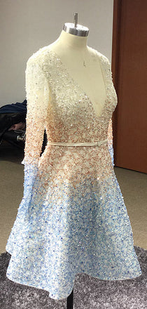 Stunning Sparkly Beading Sequin Long Sleeve V-neck Homecoming Dresses,HD0047