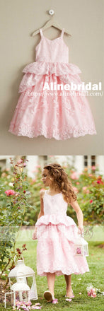 Sweet Pink Lace Unique Ball Gown Spaghetti Straps Flower Girl Dresses, FGS062