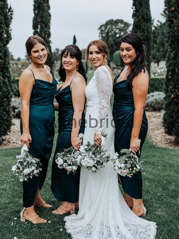 Teal Elastic Satin Spaghetti Strap Ankle Length Sheath Bridesmaid Dresses, AB4138