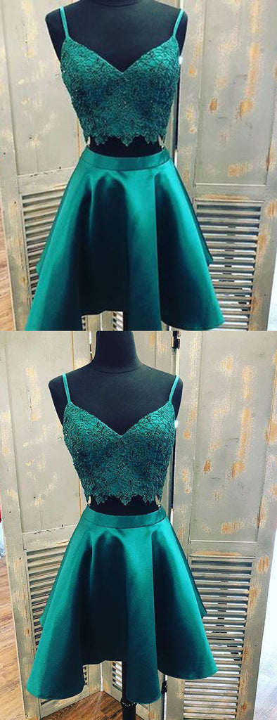 Teal Green Spaghetti Strap Two Piece Lace Satin Homecoming Dresses ,HD0043