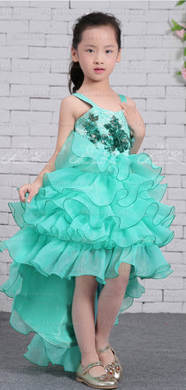Tiffany Blue Organza Ruffles Tiered High Low Unquie Flower Girl Dresses, FGS134