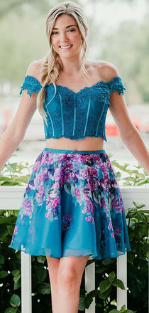 Turquoise Off Shoulder Beading Lace Floral Homecoming Dresses,HD0035