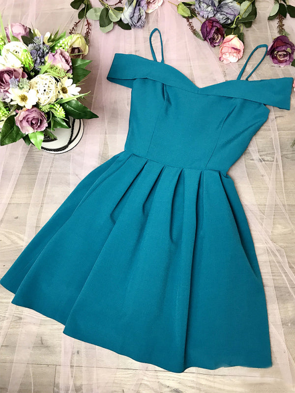 Turquoise Satin Off Shoulder Spaghetti Strap Homecoming Dresses ,HD0067