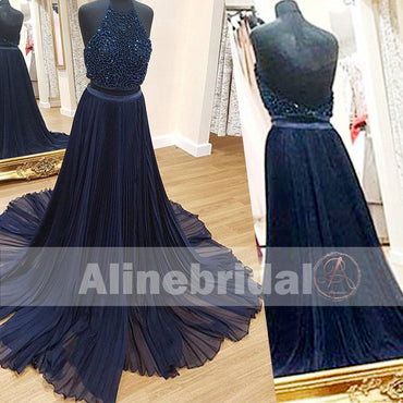 Two Piece Halter Beaded Top Backless Navy Blue Chiffon Prom Dresses ,PD000102