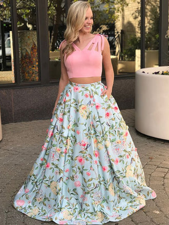Two Piece Peach Floral Prints Pocket Prom Dresses ,PD00125