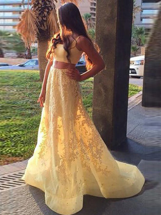 Two Piece Yellow Lace Applique A-line Sweet-16 Prom Dresses,PD00310