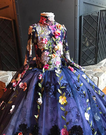 Unique Gorgeous Navy Applique High Neck Princess Flower Girl Dresses, FGS053