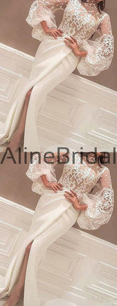 Unique Illusion Lace Lantern Sleeve Mermaid Wedding Dresses, AB1511