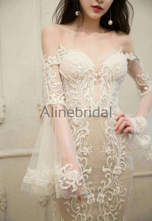 Unique Long Sleeve Off Shoulder Lace Mermaid Wedding Dresses, AB1508