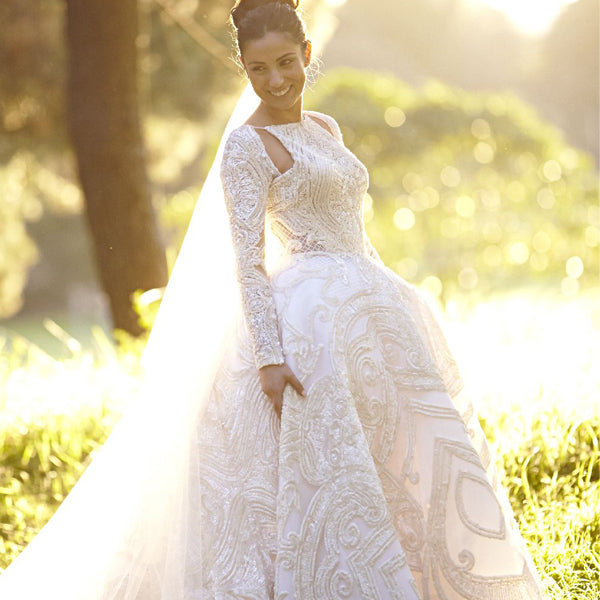 Unique Style Gorgeous Applique Beaded Open Back Long Sleeve Ball Gown Wedding Dresses, WD164