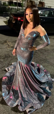 Sparkly Grey V-Neck Long Sleeves Prom Dress , Mermiad Evening Dress with Train, PD1052
