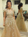 Vintage Appliques A-line Cap Sleeve Beading Sparkly Open Back Floor Length Long Prom Gown Dresses.   BD01220