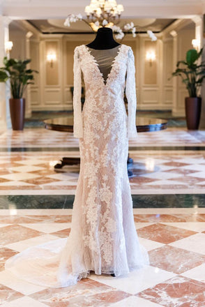 Vintage Lace Long Sleeve See Through Back Nude Mermaid Wedding Dresses, WD0173