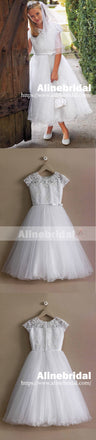 White Lace Sequin Tulle Bottom Cap Sleeve A-line Vintage Flower Girl Dresses, FGS096
