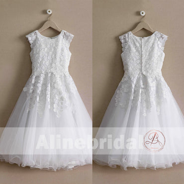 White Lace Tulle Cap Sleeve Round Neck Vintage Flower Girl Dresses, FGS095