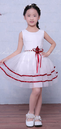 White Organza Red Satin Belt Cheap Simple Flower Girl Dresses , FGS123