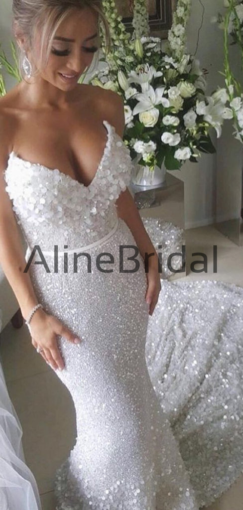 White Sequin Applique Strapless Mermaid Train Wedding Dresses , AB1523