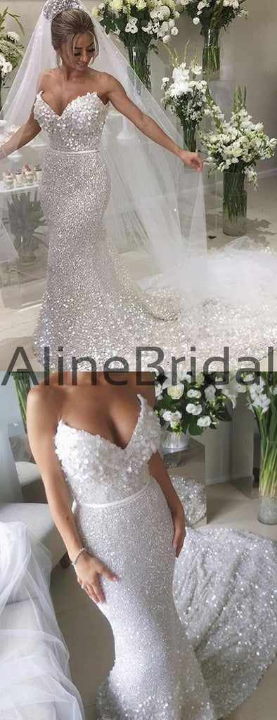 White Sequin Applique Strapless Mermaid Train Wedding Dresses , AB1523