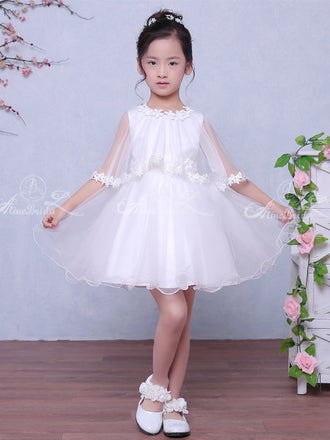 White Tulle Simple Flower Girl Dresses With Cape, FGS030