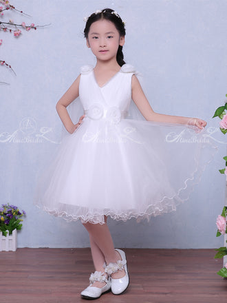 White Tulle V-neck Sleeveless Handmade Flower Simple Flower Girl Dresses , FGS125