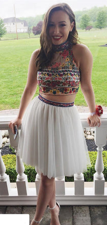 White Two Piece Embroidery High Neck Open Back Homecoming Dresses ,HD0018