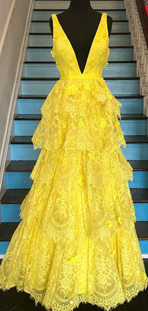 Yellow Lace Tiered Vintage V-neck A-line Prom Dresses ,PD00377
