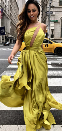 Yellow One Shoulder Backelss Spaghetti Strap Sexy Prom Dresses ,PD00197