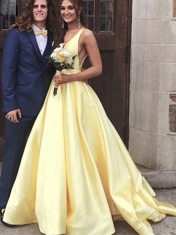 Yellow Satin V-neck V-back Sleeveless Elegant Prom Dresses,PD00331