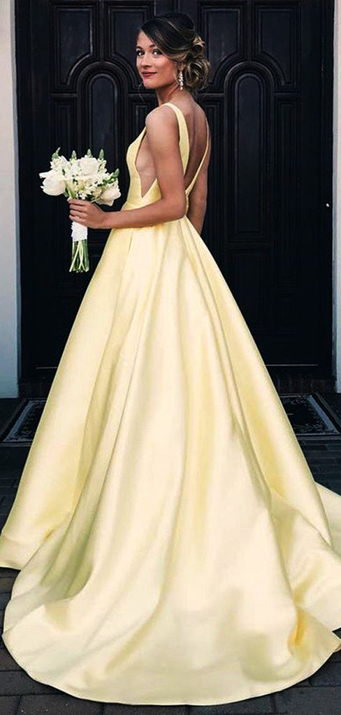 Yellow Satin V-neck V-back Sleeveless Elegant Prom Dresses,PD00331