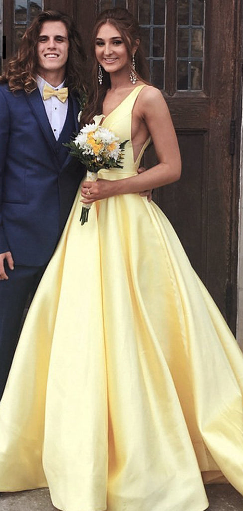 Yellow Satin V-neck V-back Sleeveless Elegant Prom Dresses,PD00331