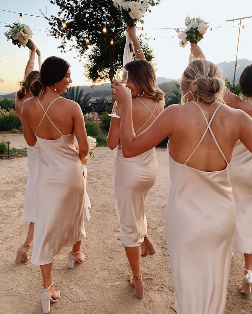 Sexy Champagne Spaghetti Strap Open Back Mermaid Cheap Midi Bridsmaid Dress, BD3005