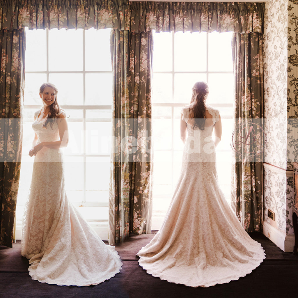 Gorgeous Fully Lace Keyhole Back Cap Sleeve Vintage Wedding Dresses, AB1129