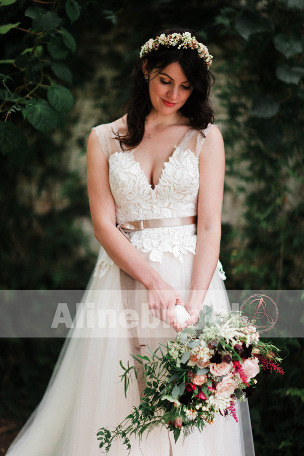 Elegant V-neck Lace Top Tulle Bottom A-line Boho Wedding Dresses, AB1133