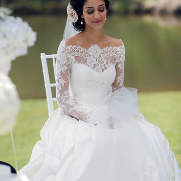 Elegant Long A-line Train Sweetheart Off Shoulder Long Sleeve Lace Satin Wedding Dress, AB1093