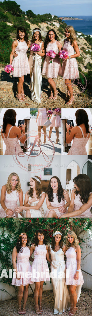 Lovely Pink Lace Jewel Neck  Sleeveless Spaghetti Strap A-line Short Bridesmaid Dresses. AB1192