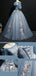 Vintage Princess Off Shoulder Half Sleeve Dusty Blue Appliques Ball Gown Prom Dresses,PD00076