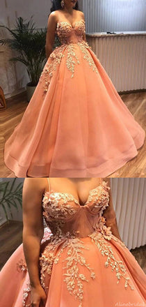 Charming Coral Spaghetti Strap Sweetheart Floral Lace Top A-line Long Prom Dress, PD3169